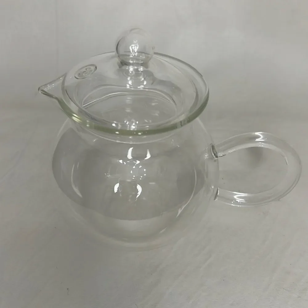 Tea Pot Clear Glass 16 Ounces Strainer Spout Lid Handle 5 Inches Tall X 6 Inches